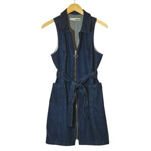 TOPSHOP MOTO Blue Denim Mini Dress Sleeveless Zip Up Front Belted Tie Waist 10
